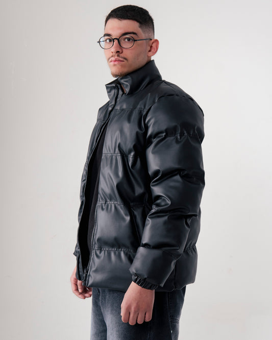 Men Leather Puffer Jacket